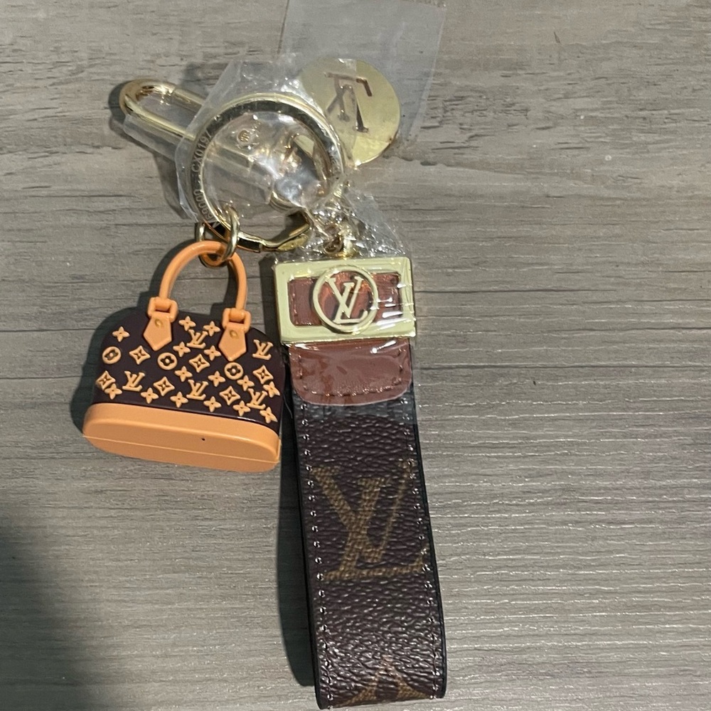 Cute Brown Monogram Strap Key Holder with Bag Charm